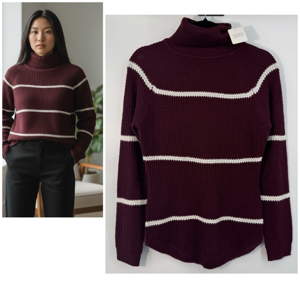 UK2LA Burgundy Striped Turtleneck lightweight Sweater Women's Size Small NWT